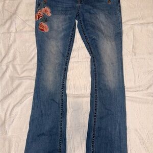 Shyanne Blue Flare Jeans with Pink Embroidery